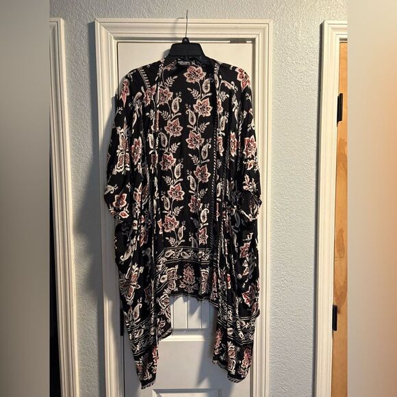 Angie Womens Floral Kimono Duster Open Front Oversized Medium Bohemian Black - Picture 1 of 3